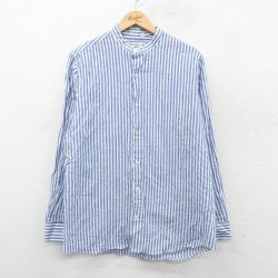 L★古着 長袖 シャツ メンズ リネン ノーカラー イタリア製 青他 ストライプ【spe】 26jan30