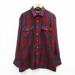 XL★古着 バンヒューセン 長袖 シャツ メンズ 90年代 90s エンジ他 チェック 26jan31