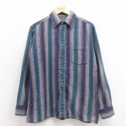 M★古着 バンヒューセン 長袖 シャツ メンズ 90年代 90s コットン 紺他 ストライプ 26jan31