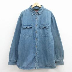 XL★古着 ウールリッチ 長袖 シャツ メンズ 大きいサイズ ロング丈 コットン 紺 デニム 内側フリース 26jan31