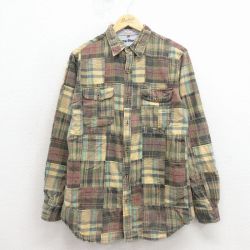 M★古着 長袖 シャツ メンズ パッチワーク コットン 薄緑他 チェック 26jan31