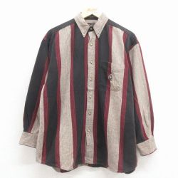 XL★古着 長袖 シャツ メンズ 90年代 90s ワンポイントロゴ 大きいサイズ コットン ボタンダウン エンジ他 ストライプ 26jan31