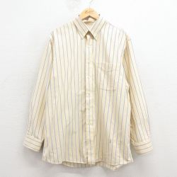 XL★古着 JOS A BANK 長袖 シャツ メンズ ロング丈 コットン ボタンダウン 薄ベージュ ストライプ 26jan31
