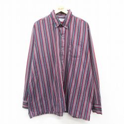 XL★古着 長袖 シャツ メンズ 90年代 90s 大きいサイズ ロング丈 ボタンダウン USA製 エンジ系 ストライプ 26feb05