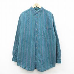 XL★古着 長袖 シャツ メンズ 大きいサイズ ロング丈 ボタンダウン 緑他 ストライプ 26feb05