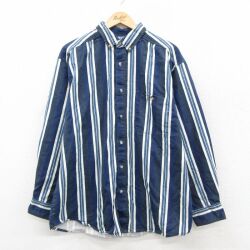 XL★古着 長袖 シャツ メンズ ロング丈 コットン ボタンダウン 紺他 ストライプ 26feb09