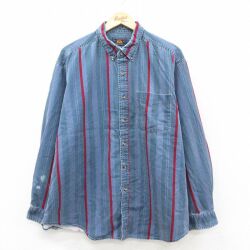 XL★古着 ルート66 長袖 シャツ メンズ 00年代 00s 大きいサイズ ロング丈 コットン ボタンダウン 紺系他 ストライプ 26feb09