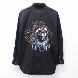 XL★古着 長袖 シャツ メンズ インディアン コットン ボタンダウン 黒【spe】 26feb10