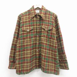 XL★古着 長袖 シャツ メンズ 70年代 70s 黄他 チェック 26feb14