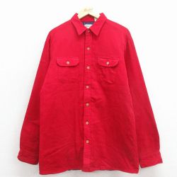 L★古着 セントジョンズベイ 長袖 コーデュロイ シャツ メンズ 80年代 80s ロング丈 コットン 赤 内側キルティング【spe】 26feb16