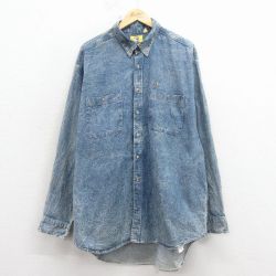 XL★古着 ダックヘッド 長袖 シャツ メンズ 90年代 90s ワンポイントロゴ 大きいサイズ ロング丈 コットン ボタンダウン USA製 紺 デニム【spe】 26feb16