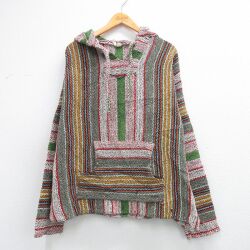 L★古着 長袖 メキシカン パーカー メンズ 90年代 90s メキシコ製 赤他 ストライプ 26feb24