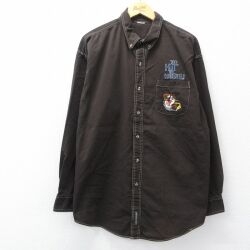 XL★古着 長袖 シャツ メンズ ルーニーテューンズ タズ 大きいサイズ ロング丈 ボタンダウン 茶 26feb25