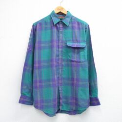 L★古着 長袖 シャツ メンズ 90年代 90s 青緑他 チェック 26feb26