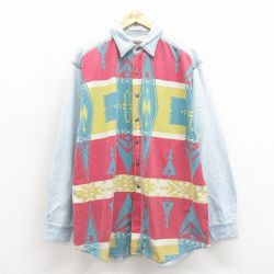 XL★古着 長袖 シャツ メンズ 00年代 00s ネイティブ柄 ラグ柄 ロング丈 コットン 薄紺 デニム【spe】 26feb27