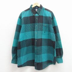 XL★古着 長袖 シャツ メンズ 00年代 00s ロング丈 ボタンダウン 青緑他 チェック 26feb27