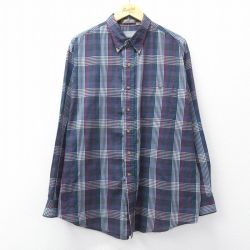 XL★古着 長袖 シャツ メンズ 90年代 90s 大きいサイズ ロング丈 ボタンダウン 紺他 チェック 26feb28