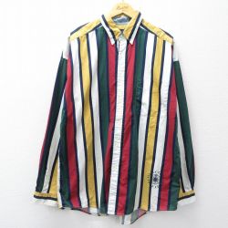 XL★古着 STRUCTURE 長袖 シャツ メンズ ロング丈 コットン ボタンダウン 白他 ストライプ 26feb28