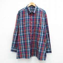 XL★古着 長袖 シャツ メンズ 90年代 90s 大きいサイズ ロング丈 紺他 チェック 26feb28