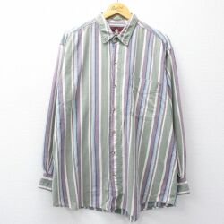 XL★古着 ラングラー 長袖 シャツ メンズ 大きいサイズ ロング丈 ボタンダウン 緑他 ストライプ 26mar04