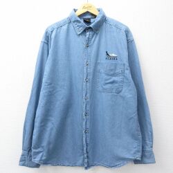 XL★古着 長袖 シャツ メンズ アラスカ ロング丈 コットン ボタンダウン 紺 デニム 26mar04