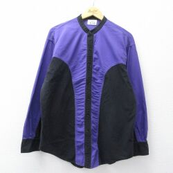 XL★古着 長袖 シャツ メンズ ツートンカラー ノーカラー 紫他 26mar05