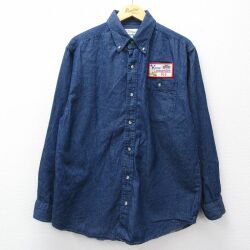L★古着 長袖 シャツ メンズ PLC ロング丈 コットン ボタンダウン 濃紺 デニム 26mar05