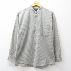 【20%OFF】M★古着 長袖 シャツ メンズ コットン ノーカラー グレー系他 ストライプ 26mar05
