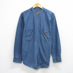 L★古着 長袖 シャツ メンズ ノーカラー コットン 紺 デニム 26mar10