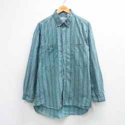 L★古着 長袖 シャツ メンズ 90年代 90s ロング丈 コットン ボタンダウン 緑系他 ストライプ 26mar12