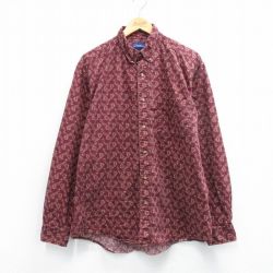XL★古着 カタリナ 長袖 シャツ メンズ 花柄 コットン ボタンダウン エンジ系他 26mar12