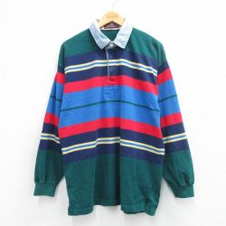 L★古着 長袖 ラガー シャツ メンズ 90年代 90s 襟デニム 緑他 ボーダー【spe】 26mar12