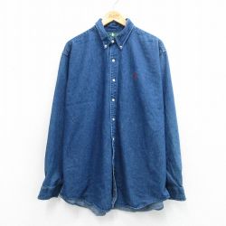 XL★古着 長袖 シャツ メンズ 90年代 90s 大きいサイズ ロング丈 コットン ボタンダウン 紺 デニム【spe】 26mar13
