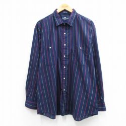 XL★古着 長袖 シャツ メンズ 90年代 90s 大きいサイズ 紺他 ストライプ 26mar13