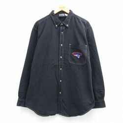 XL★古着 長袖 シャツ メンズ 90年代 90s NFL ニューイングランドペイトリオッツ ロング丈 コットン ボタンダウン 黒 アメフト スーパーボウル【spe】 26mar16