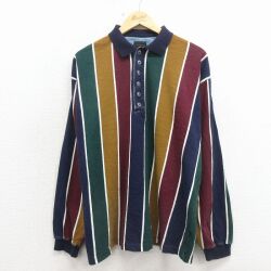 XL★古着 STRUCTURE 長袖 ポロ シャツ メンズ 大きいサイズ マルチカラー コットン 紺他 ストライプ【spe】 26mar16
