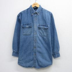 L★古着 長袖 シャツ メンズ ロング丈 コットン ボタンダウン 紺 デニム 26mar23