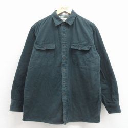 L★古着 長袖 シャツ メンズ 00年代 00s コットン 濃緑 内側フランネル 26apr03