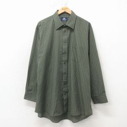 XL★古着 STAFFORD 長袖 シャツ メンズ 大きいサイズ ロング丈 濃緑他 ストライプ 26apr04