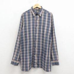 L★古着 長袖 シャツ メンズ 80年代 80s ロング丈 紺他 チェック 26apr04