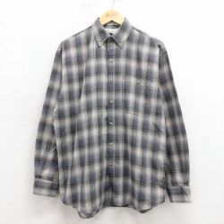 L★古着 長袖 シャツ メンズ ボタンダウン グレー他 オンブレ チェック 26apr04