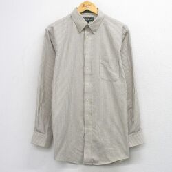 L★古着 長袖 シャツ メンズ 90年代 90s ロング丈 ボタンダウン USA製 ベージュ系他 ストライプ 26apr23