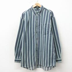 XL★古着 長袖 シャツ メンズ 00年代 00s ロング丈 コットン 緑他 ストライプ 26apr24