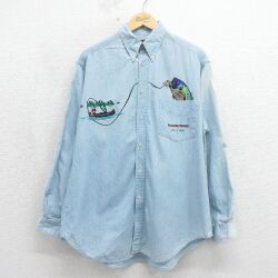 長袖シャツ 魚刺繍 ネイビー XL | 古着