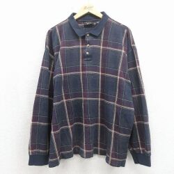 00s 長袖ポロシャツ ネイビーチェック XL | 古着