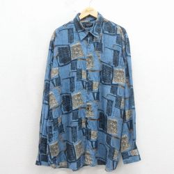 XL★古着 長袖 シャツ メンズ 大きいサイズ ロング丈 レーヨン イタリア製 ネイビー【spe】 26may18