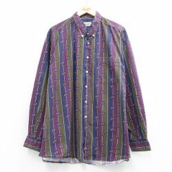 XL★古着 セントジョンズベイ 長袖 シャツ メンズ 90年代 90s ペイズリー柄 大きいサイズ ロング丈 ボタンダウン ネイビー ストライプ 26jun03