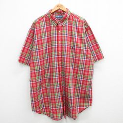 XL★古着 ラルフローレン Ralph Lauren 半袖 ブランド シャツ メンズ 90年代 90s ワンポイントロゴ 大きいサイズ ロング丈 コットン ボタンダウン 赤他 レッド チェック 24feb23 中古 トップス