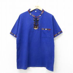 XL★古着 半袖 シャツ メンズ ノーカラー 紺 ネイビー 24feb27 中古 トップス