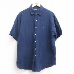 XL★古着 ラルフローレン Ralph Lauren 半袖 ブランド シャツ メンズ 90年代 90s ワンポイントロゴ 大きいサイズ リネン シルク 紺 ネイビー 【spe】 24feb29 中古 トップス